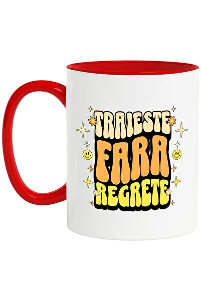 StoryGift Romania Cana Traieste Fara Regrete, 330ml, Ceramic Cu Maner Rosu, C...