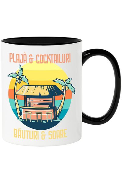 StoryGift Romania Beach and cocktails mug_ drinks and sun, 330ml, Ceramic with Black Handle, With Handle