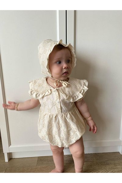 Minizade Baby Girl Hat Guipure Embroidered Snap Romper Badi Set of Two