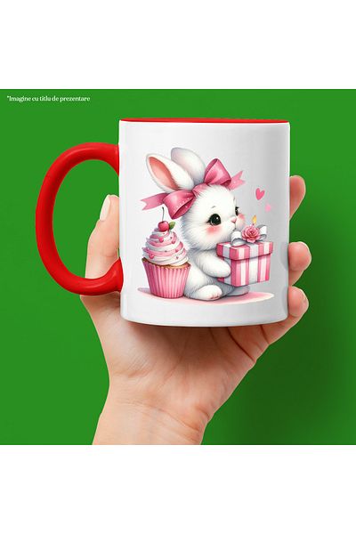 StoryGift Romania Mug with a white bunny | illustration | holding a gift | gift | muffin | cake |, With