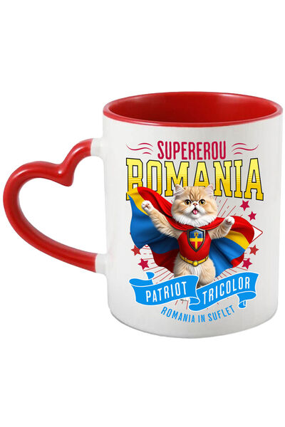 StoryGift Romania Mug with Persian / Persian Cat in Captain Romania Costume with Cape, Hero N, With