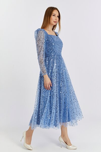 Asees Kadın Kare Yaka Tül Kumaş Üzerine Inci Boncuklu Tül Şık Ve Zarif Abiye Elbise