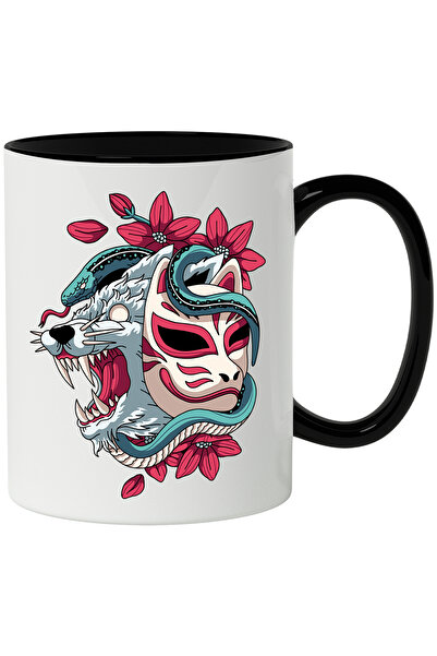 StoryGift Romania Cana Cu Sarpe, Floare, Lup, Masca, Multicolor 330 Ml, Ceramica Cu Maner Negru, Cu Man,stg