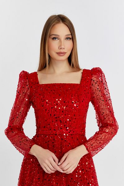 Asees Women's Evening Dress and Graduation Square Neckline Pearl Beaded Tulle over Tulle Fabric Stylish and Elegant Evening Dress