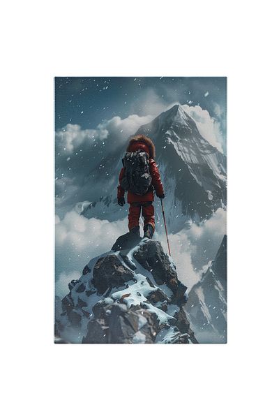 StoryGift Romania Tablou Canvas: Alpinist In Combinezon Gros Rosu Cu Ghiozdan In Spate Ajuns In Varful Muntelui