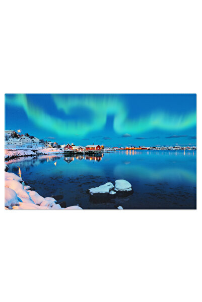 StoryGift Romania Tablou Canvas Fotografie Orasul Reine La Apusul Serii Cu Luminile Nordului Noapte, Iarna, Peisa