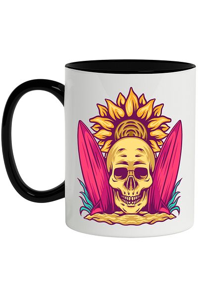 StoryGift Romania Mug With Skull, Beach, Sun, Surfboards, Sand, Plants, Multicolor 330 ml, C, With