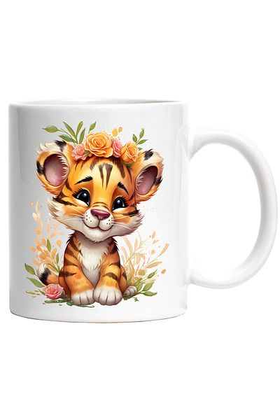 StoryGift Romania Mug with a cheerful tiger cub | illustration | in nature | flowers | plants | greenery, With