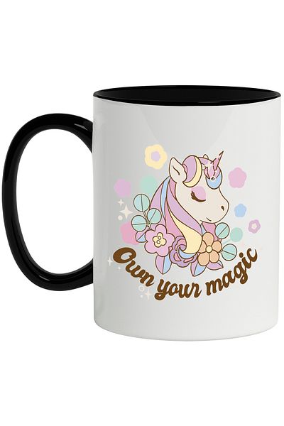 StoryGift Romania Mug With Message In English Own Your Magic, Unicorn, Flowers, Stars, Multicolor 330 m, With