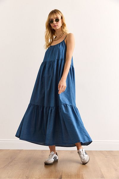 Olalook Women's Blue Strap Adjustable Maxi Denim Dress Elb-19002417