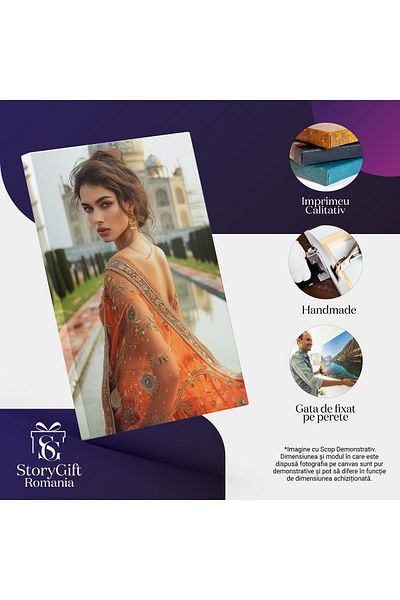 StoryGift Romania Tablou Canvas: Indian Woman, Femeie In Costum Indian Portocaliu Cu Cercei Mari Si Chip Fermeca