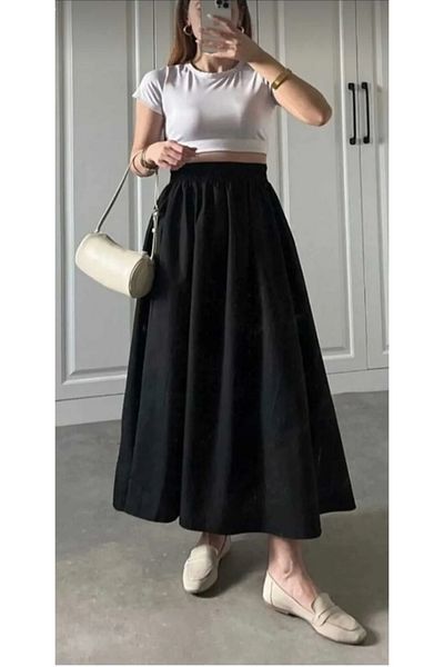 DENİKK Women's Trend Long Skirt with Elastic Waist Pocket