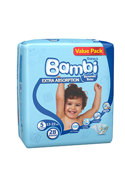 Bambi Baby Diaper Value Pack Size 5 Extra Large 12-22 kg 28 pcs Ultra-Dry Comfort with Leak Protection
