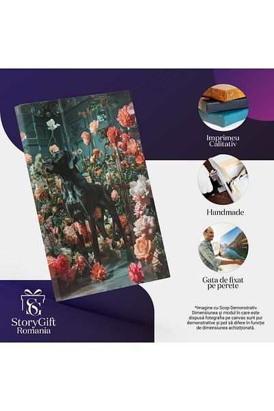 StoryGift Romania Tablou Canvas: Rasă De Câine, Brac Negru În Cadru Cu Flori Multicolore- Animale De Companie Pi