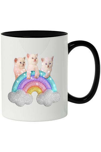 StoryGift Romania Kitten Mug, Rainbow, Clouds, Glitter, Animals, Multicolor 330 ml, Sky, With