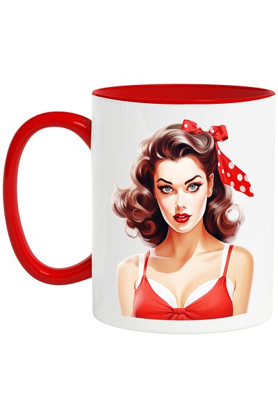 StoryGift Romania Mug with a woman with brown hair, illustration, retro style, old, old fashioned, fru, With