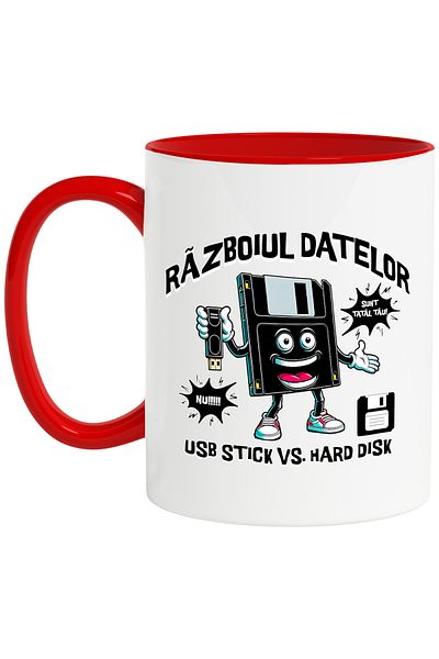 StoryGift Romania Cana Razboiul Datelor. Usb Stick Vs. Hard Disk , 330ml, Ceramic Cu Maner Rosu, Cu Man,stg