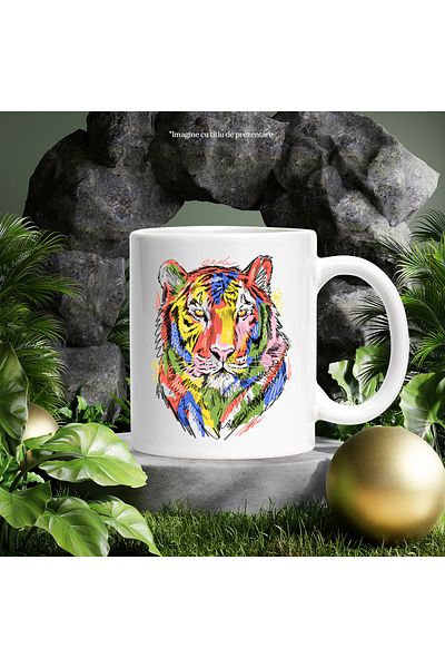 StoryGift Romania Mug With Tiger Head, Abstract Illustration, Doodle, Flower, Multicolor 330 ml, C, With Handle