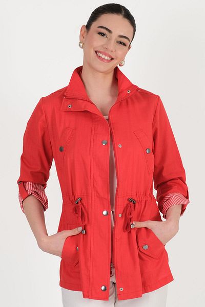 Spazio Oriente Stand Collar Zippered Snap Coat Red