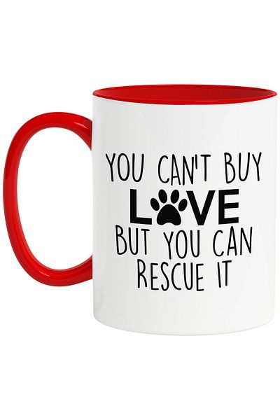 StoryGift Romania Mug with message encouraging animal adoption with the message "You can't buy love, Cu