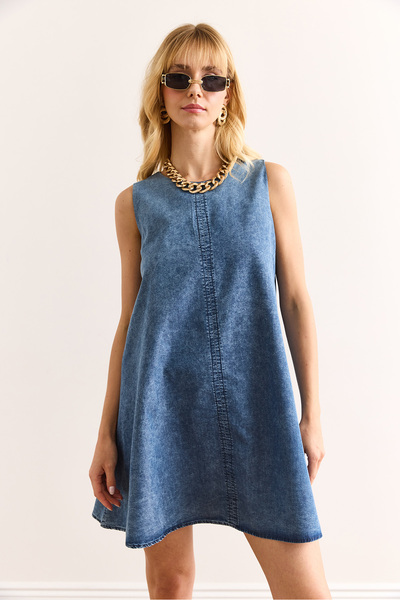 Olalook Women's Blue Back Zipper Stitching Detailed Denim Bell Dress Elb-19002418