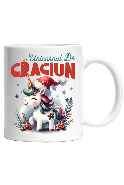 StoryGift Romania Cana Cu Unicorn Vesel Roz Cu Caciula De Mos Craciun Text Unicornul De Craciun, C, Cu ,stg