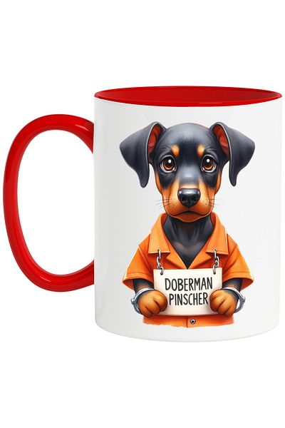 StoryGift Romania Mug with a Doberman Pinscher puppy in prison, illustration, sad, prison uniform, With