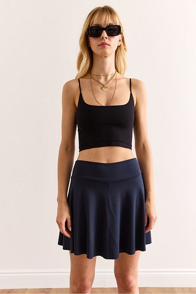 Olalook Women's Navy Blue Mini Flared Skirt with Shorts Etk-19000318
