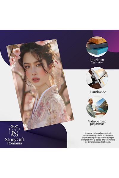 StoryGift Romania Tablou Canvas: Melancolia Femeii Din Pădurea Cu Pomi Înfloriți Haine Brodate Cu Strasuri Pictur