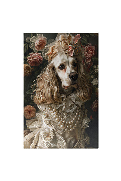 StoryGift Romania Tablou Canvas: Cocker Spaniel Îmbrăcat În Rochie Elegantă Albă Cu Perle La Gât- Animale De Com