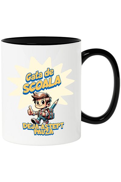 StoryGift Romania Mug child ready for school I'm already waiting for break student, 330ml, Ceramic with Black Handle, With