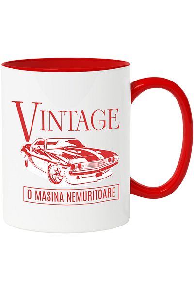 StoryGift Romania Cana Vintige Masina Clasica Nemuritoare Viteza, 330ml, Ceramic Cu Maner Rosu, Cu Mane,stg