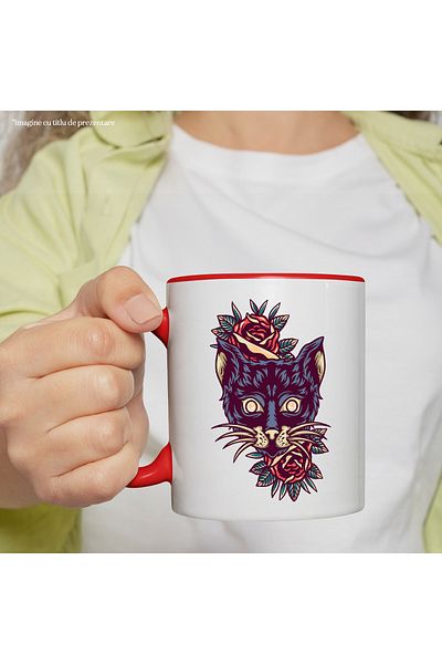 StoryGift Romania Cat Head Mug, Flowers, Leaves, Petals, Retro, Multicolor 330 ml, Ceramic, With ,STG