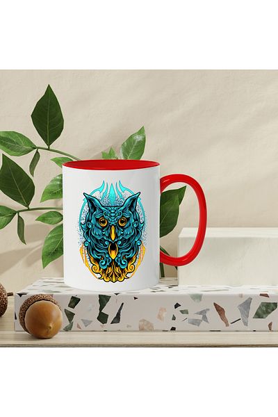 StoryGift Romania Mug With Owl Head, Ornaments, Paint Splatters, Multicolor 330 ml, Ceramic, With