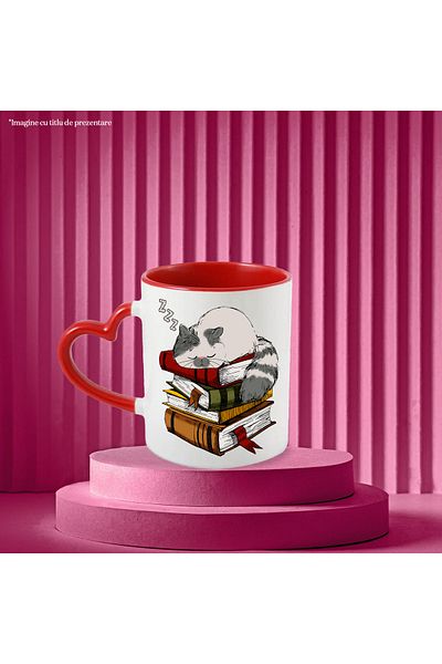 StoryGift Romania Mug with a kitten sleeping on a stack of books, illustration, learned too , With ,STG .