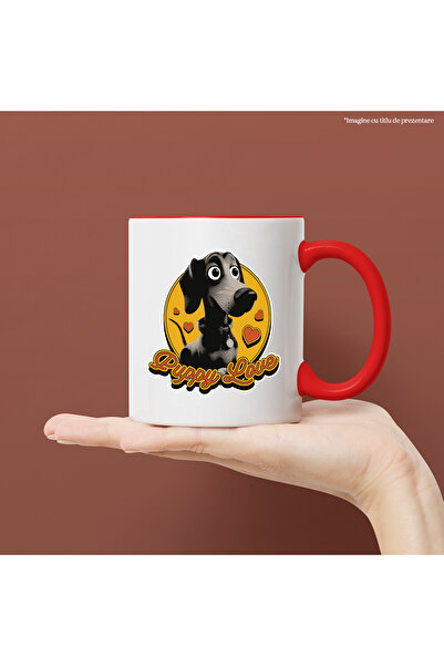 StoryGift Romania Mug With Message In English Puppy Love, Puppy, Retro, Hearts, Circle, Multicolor 330 m, With ,STG