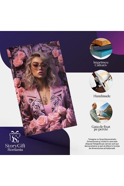 StoryGift Romania Tablou Canvas: Femeie Asiatica Draguta La Costum Roz - Sacou Cu Tigru Trandafiri Pictura Digit
