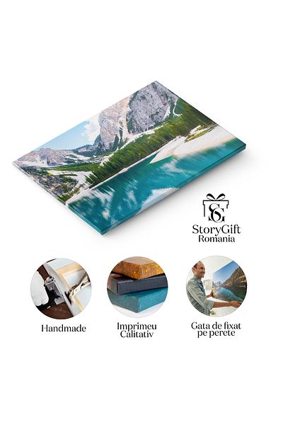 StoryGift Romania Tablou Canvas Zi Insorita Pe Lacul Braies, Cu Apa Turcoaz Si Peisaje Alpine De Poveste Oaza De
