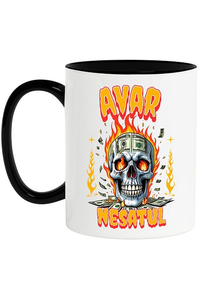 StoryGift Romania Mug Skull Man in Flames with Banknotes Miserly Greedy, 330ml, Ceramic with Black Handle, With