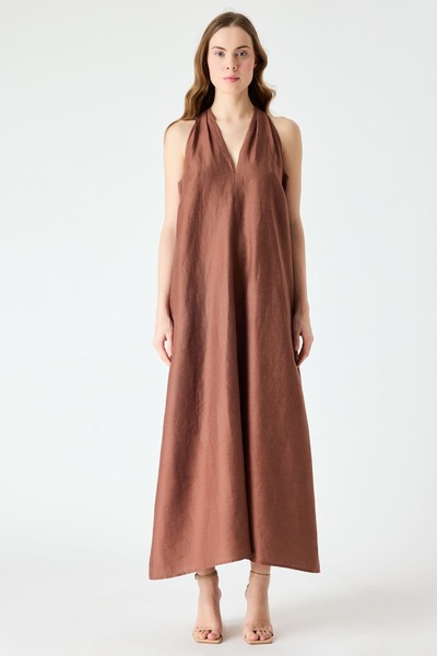FEVER Halter yaka midi keten elbise