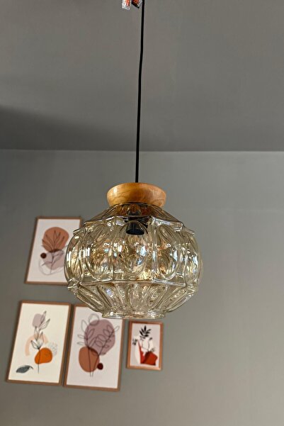 Bamyum Şila Cam Bal Rengi Tekli Avize Tabak Ahşap Başlık Retro Sarkıt Lamba Salon Aydınlatma