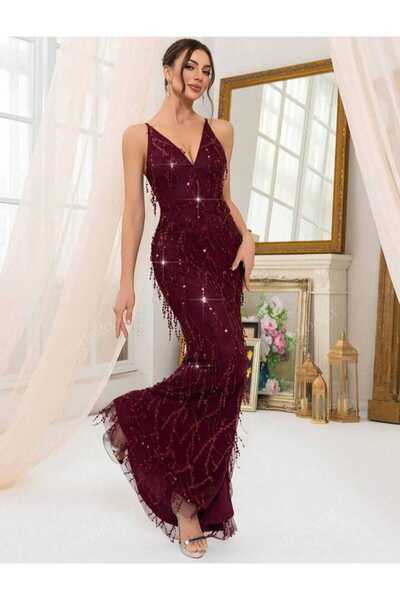 MODAS ASKILI V YAKA SAÇAKLI PUL PAYET ABİYE ELBİSE