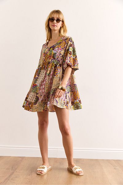 Olalook Women's Multicolor V-Neck Balloon Sleeve Woven Viscose Dress Elb-19002415