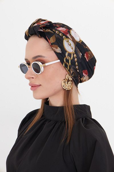 HÜRREM BONE Claret Red Practical Ready-Made Hijab Bonnet Cut Fiber Retro Patterned 2409_16