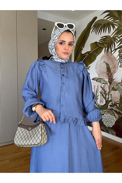 Aselim Hijap Moda Cotton Ruffle Detailed Summer Skirt Suit – Blue