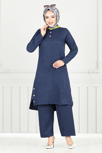 ModaMerve Half Button Linen Suit 018Mr1077-M Navy