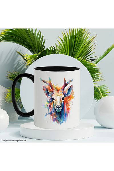 StoryGift Romania Deer Head Mug, Antlers, Watercolor, Paint Splatters, Multicolor 330 ml, Ceram, With ,STG