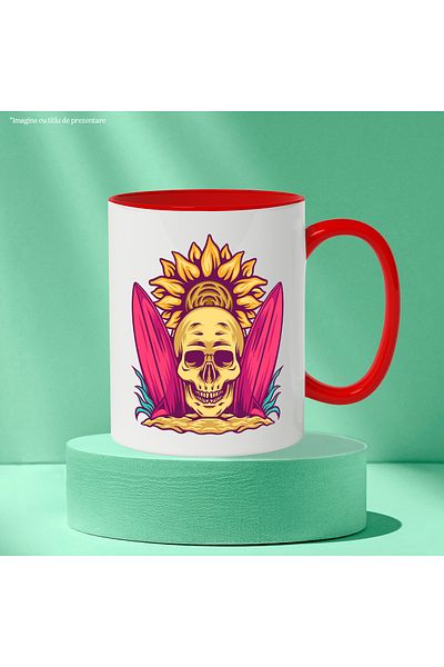 StoryGift Romania Mug With Skull, Beach, Sun, Surfboards, Sand, Plants, Multicolor 330 ml, C, With ,STG