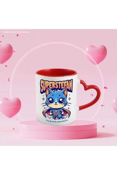 StoryGift Romania Super Stefan Mug, Superhero, Flying Cat, 330ml, Ceramic with Red Heart Handle, With ,STG