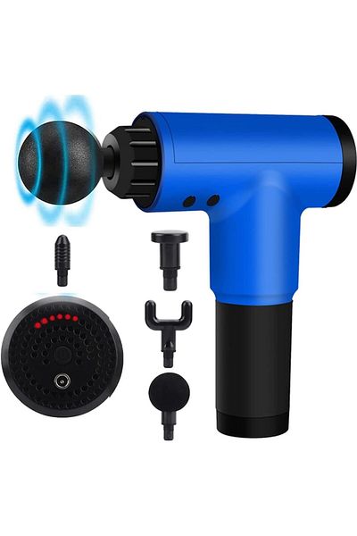 MACVI Aparat de Masaj Pistol Macvi® , Cu 4 Capete, 6 Trepte, Autonomie 4 ore, 24W, 3400 RPM, Albastru